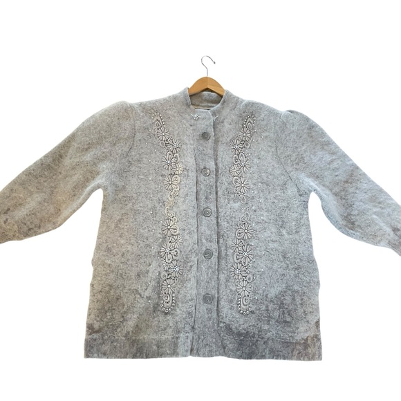 VTG Lee Sands Angora Cardigan Sweater OS Plus Gray Embroidery Pearls Jacket Y2K - Picture 1 of 15